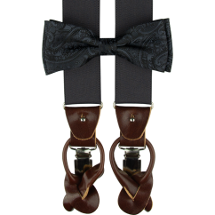 Tmavě šedý pánský set s paisley vzorem – kšandy, motýlek a kapesníček