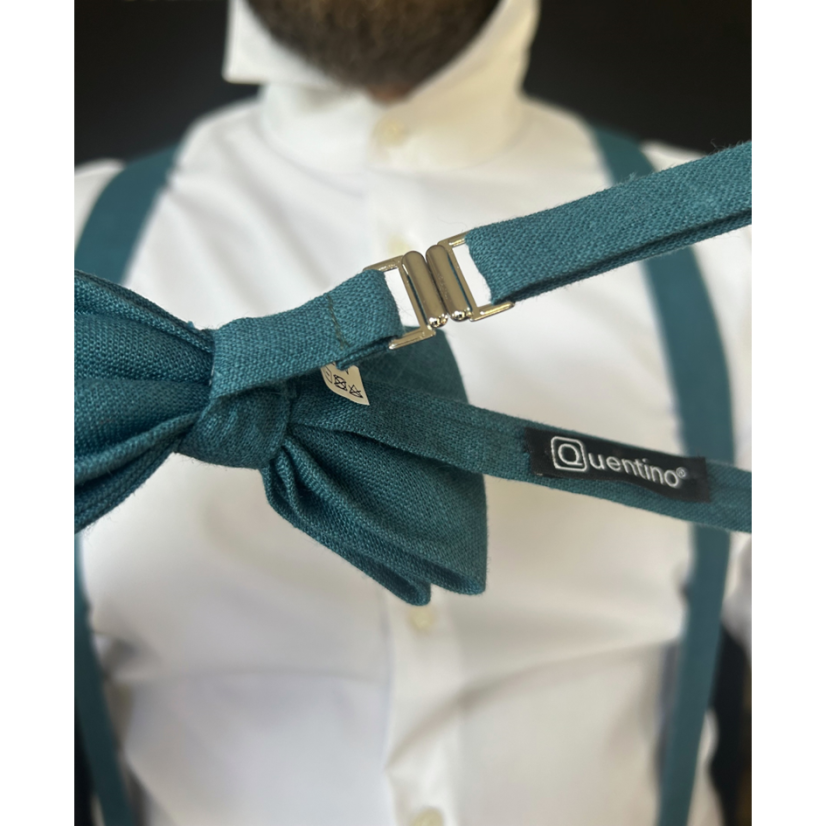 Lněné petrolejové kšandy s motýlkem včetně kapesníčku