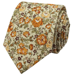 Light Beige Men's Cotton Necktie with Yellow-Orange Flowers