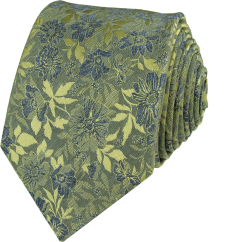 Olive Green Men's Necktie with Blue Floral Pattern