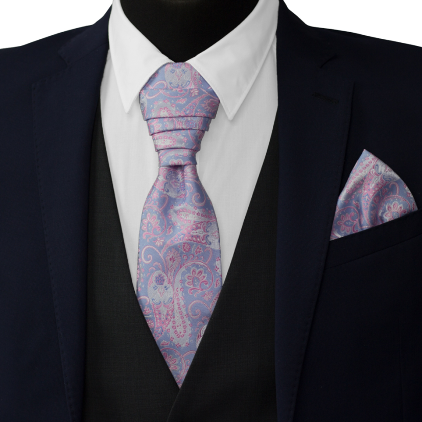 Světle modrá svatební kravata s růžovým paisley vzorem