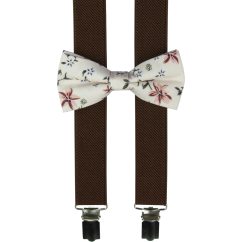 Hnědé dětské kšandy s bavlněným květovaným motýlkem