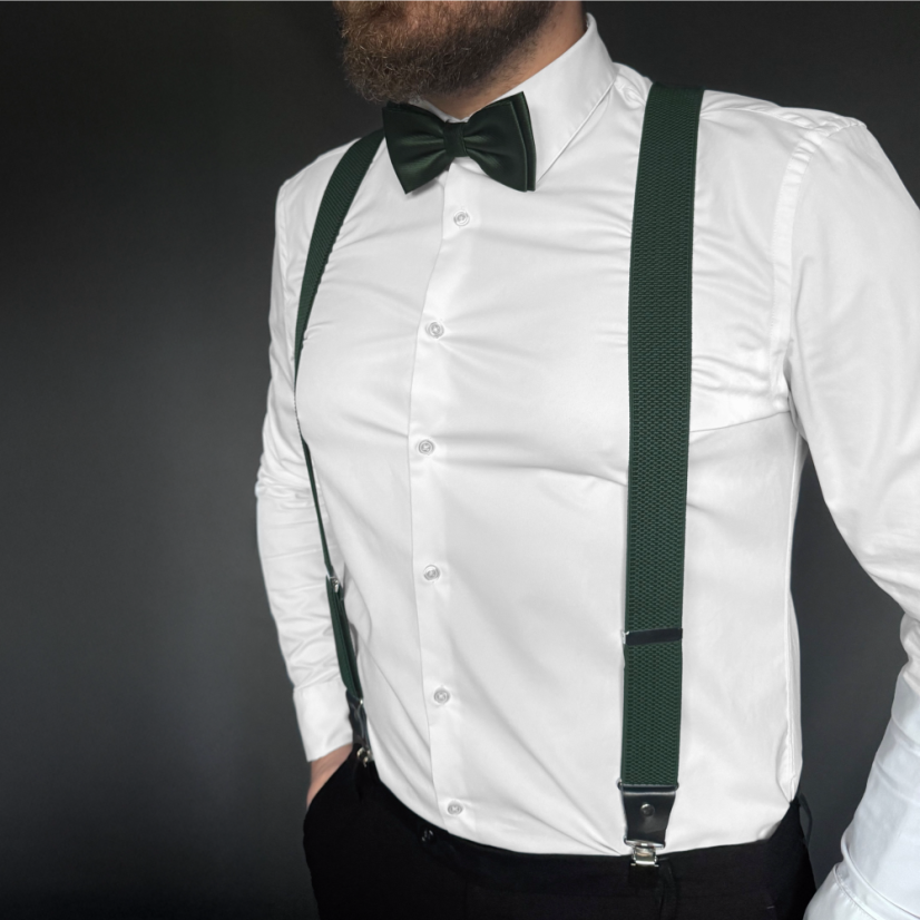 Smaragdově zelený pánský set s jemným vzorem - kšandy, motýlek a kapesníček