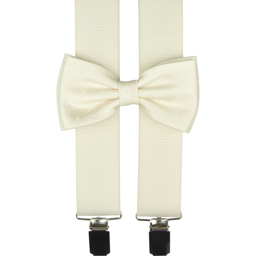 Cream (Ecru) Men's Accessory Set with Floral Pattern – Suspenders and Bow Tie