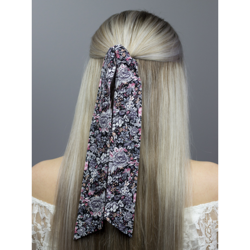Černá dámská stuha s šedo růžovými květy