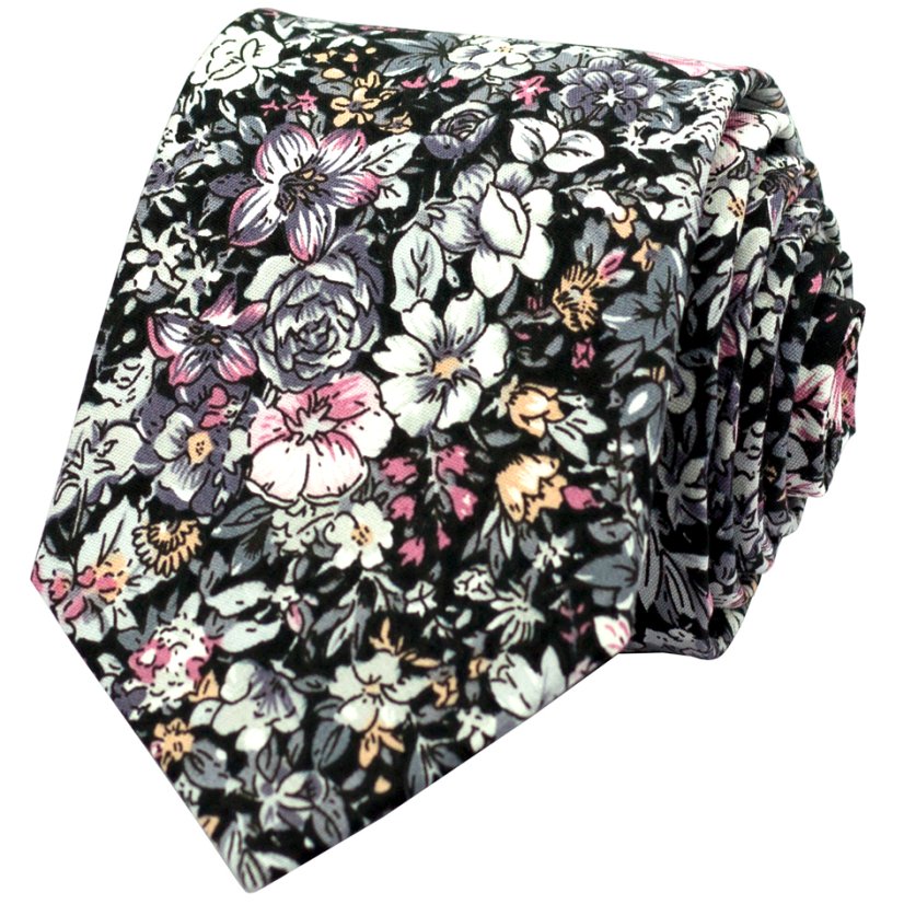 Black Men's Cotton Necktie with Grey-Pink Flowers
