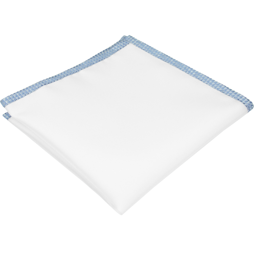 Bílý pánský kapesníček do saka se světle modrým geometrickým lemem