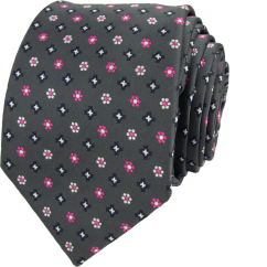 Tmavě šedá pánská kravata s růžovým květinovým vzorem