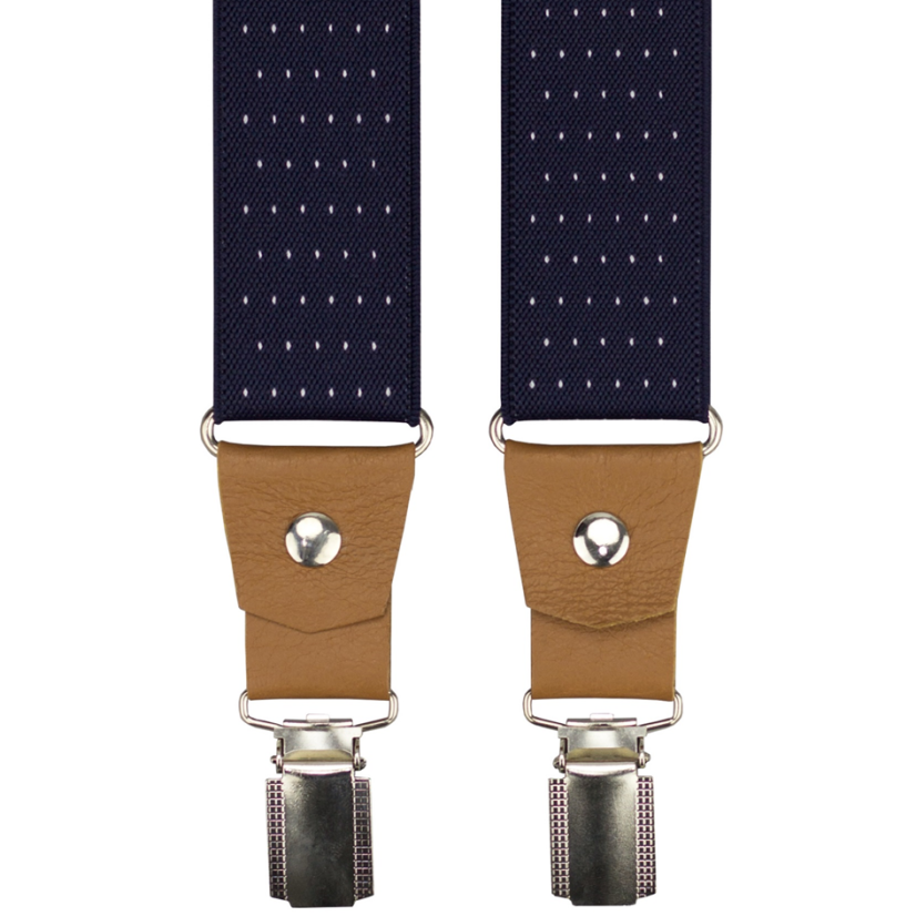 Tmavě modré pánské široké kšandy s puntíky a koňakovou pravou kůží