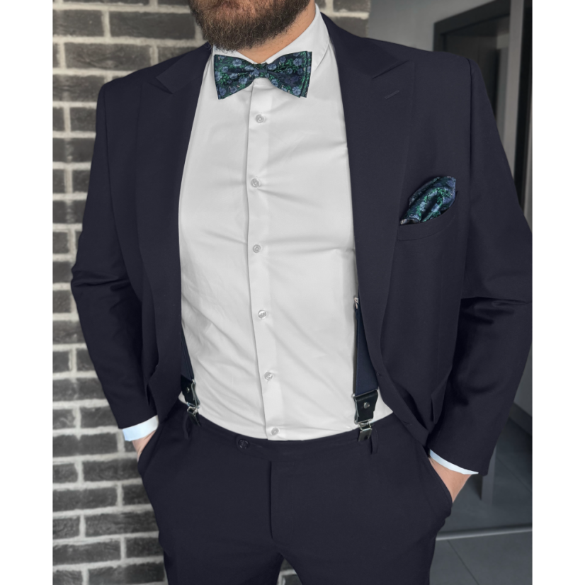 Dark Blue Men's Bow Tie with Delicate Floral Pattern Including Pocket Square