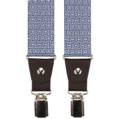 Modré pánské široké kšandy s bílým vzorem a tmavě hnědou pravou kůží