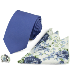 Modrý denim pánský set – kravata, kapesníček a manžetové knoflíčky