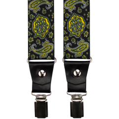 Black Men's Wide Suspenders with Paisley Pattern and Genuine Black Leather