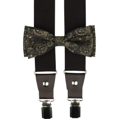 Tmavě hnědý pánský set s paisley vzorem – kšandy, motýlek a kapesníček