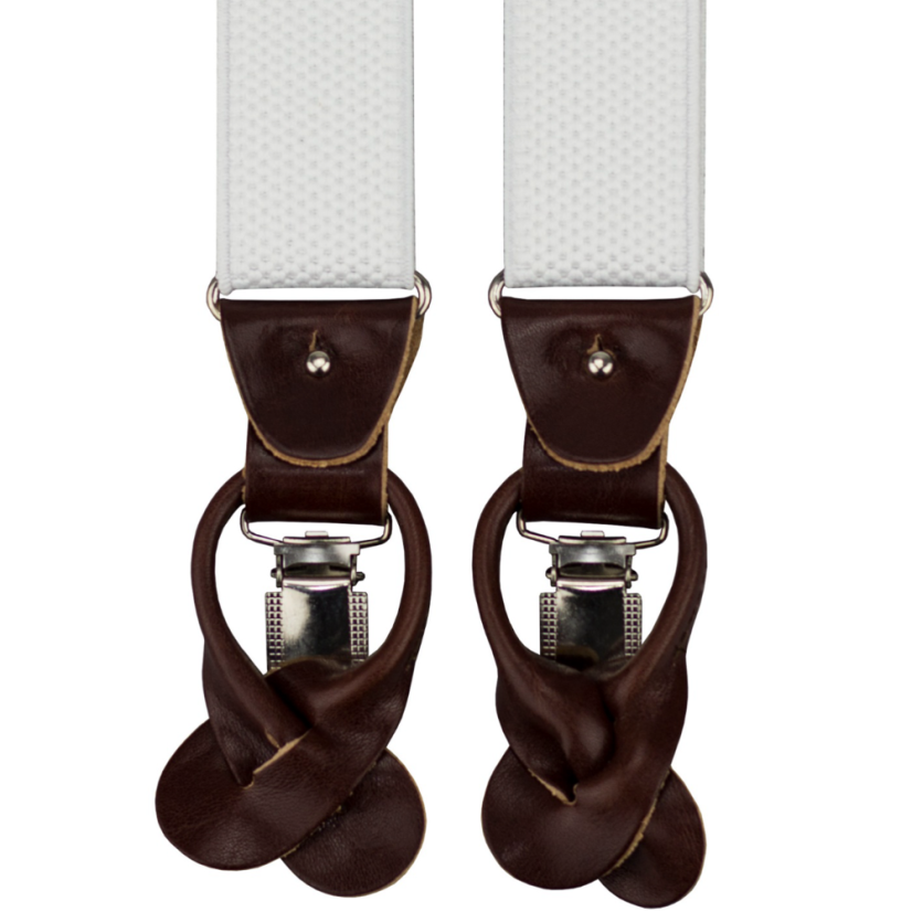 Bílé pánské široké kšandy s klipy a poutky