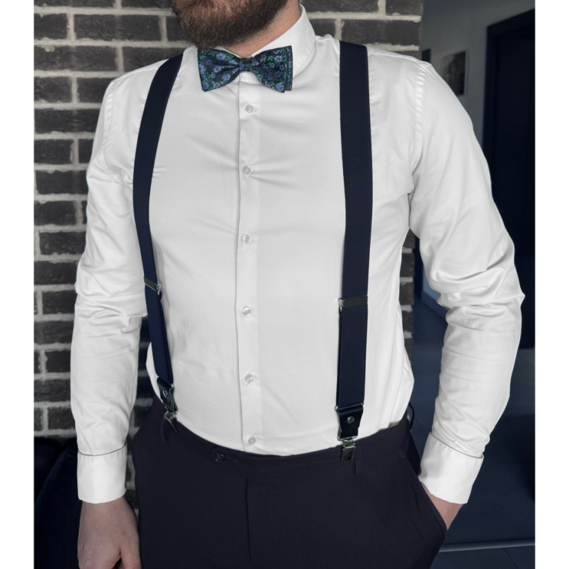 Dark Navy Men's Bow Tie with Delicate Floral Pattern Including Pocket Square