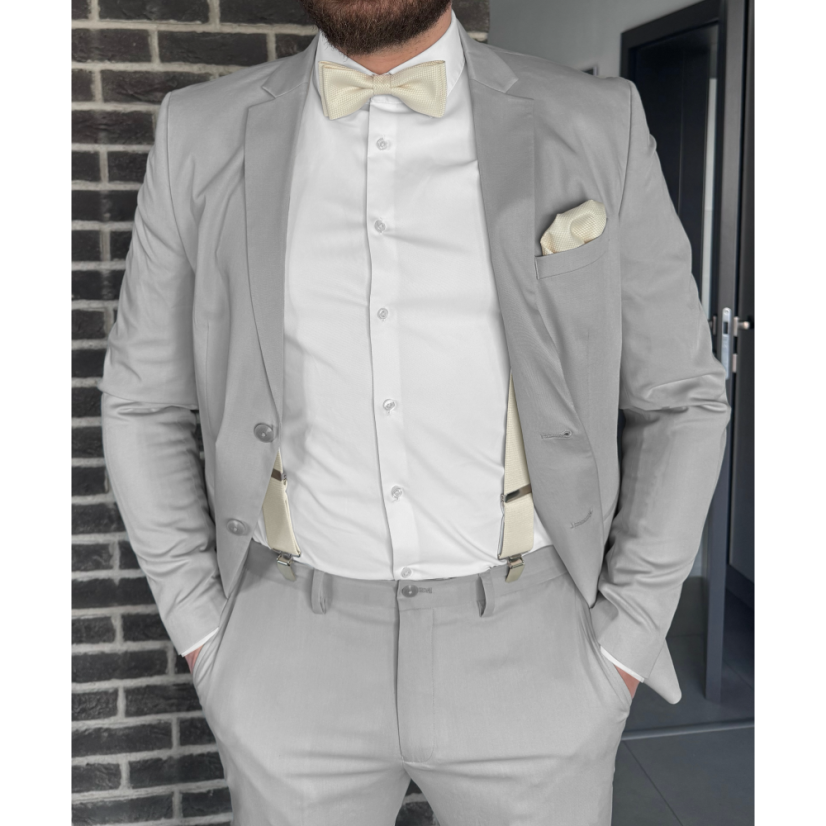 Cream (ecru) men's accessory set with a subtle texture - suspenders, bow tie and pocket square