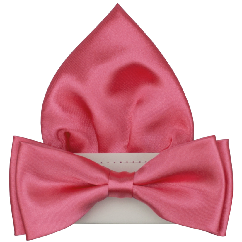 Bright Pink Men's Glossy Bow Tie with Pocket Square