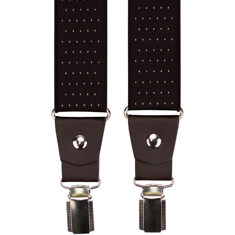 Tmavě hnědé pánské široké kšandy s puntíky a pravou hnědou kůží