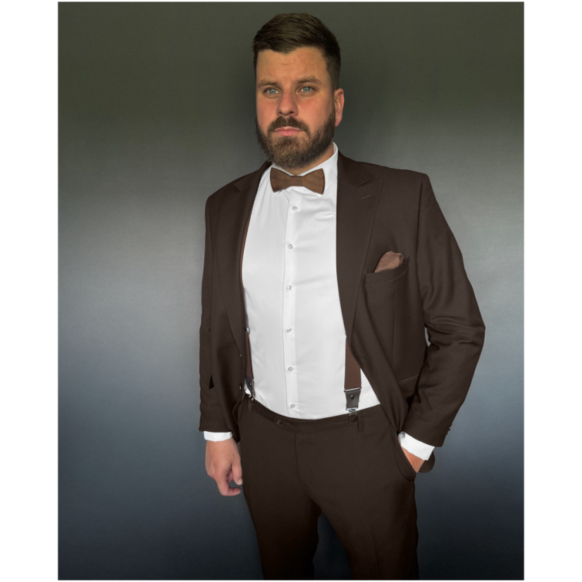 Hnědé pánské široké kšandy s dřevěným motýlkem