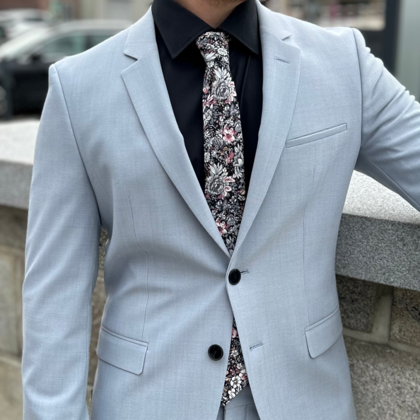 Black Men's Cotton Necktie with Grey-Pink Flowers