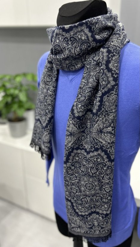 Dark Navy Grey Men's Scarf with Ornamental Pattern and Fringe