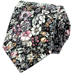 Černá pánská bavlněná kravata s šedo růžovými květy
