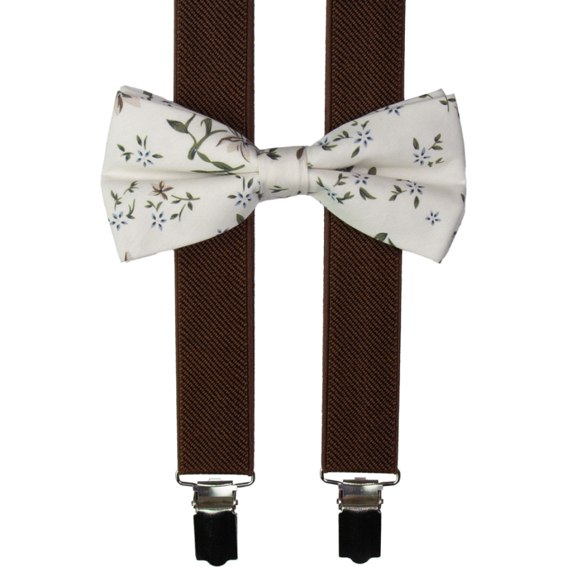 Hnědé pánské kšandy s bavlněným květovaným motýlkem