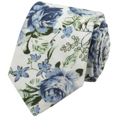 Bílá pánská bavlněná kravata s modrými květy