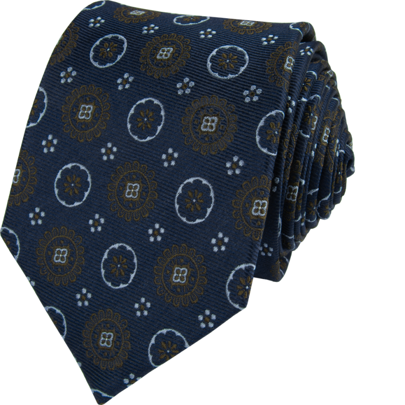 Tmavě modrá pánská hedvábná kravata s hnědým vzorem