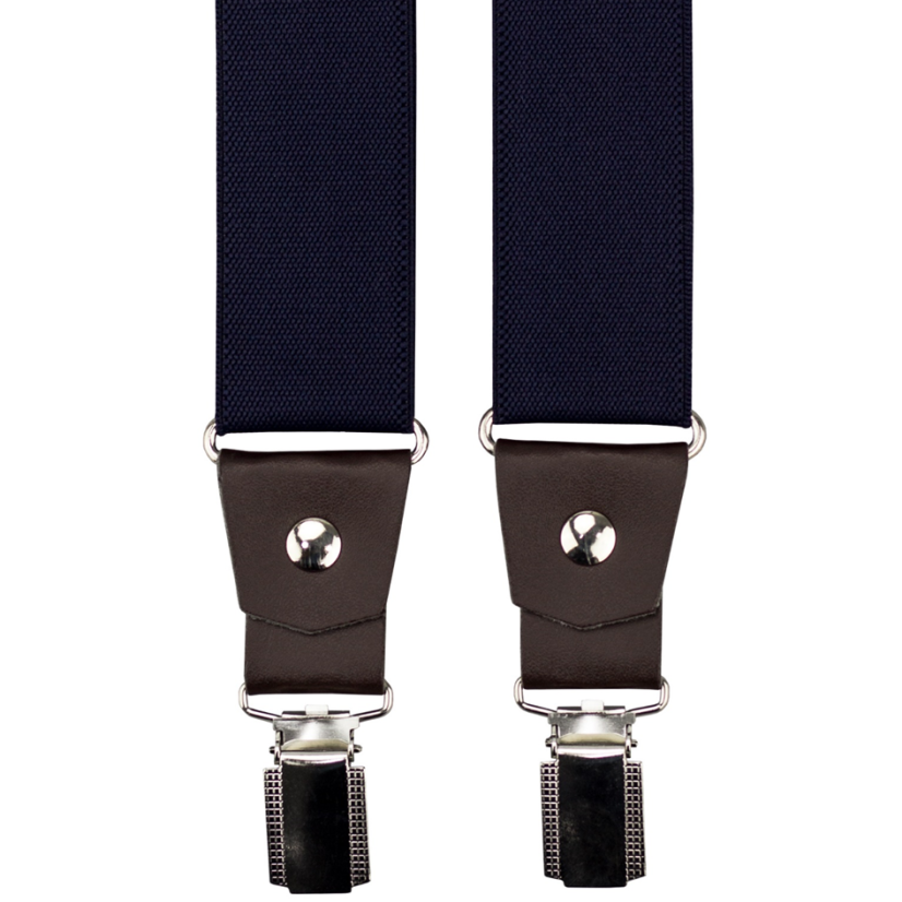 Tmavě modré pánské široké kšandy s tmavě hnědou pravou kůží