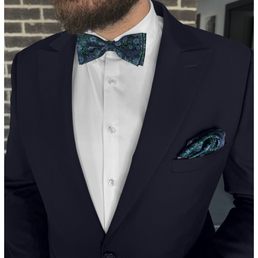 Dark Navy Men's Bow Tie with Delicate Floral Pattern Including Pocket Square