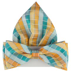 Oranžový pánský motýlek se čtverečky včetně kapesníčku