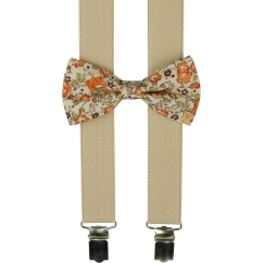 Béžové dětské kšandy s bavlněným květovaným motýlkem