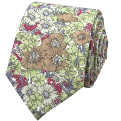 Hnědo zelená pánská bavlněná kravata s květy