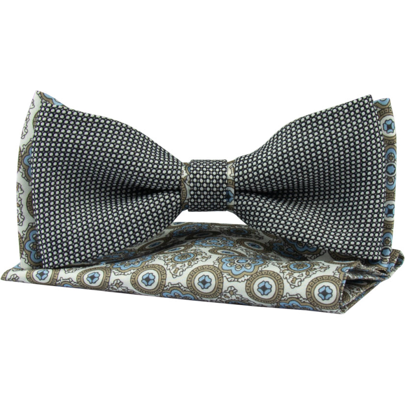 Black Beige Men's Bow Tie with Blue Details and Ornamental Pattern