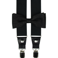 Černý pánský set s černým vzorem – kšandy, motýlek a kapesníček