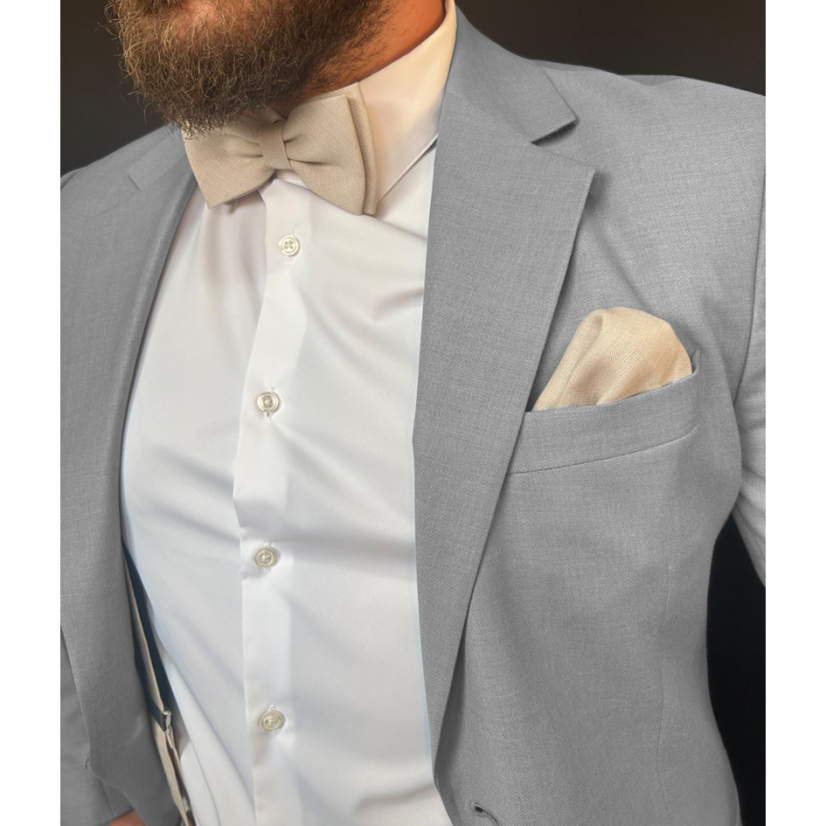 Lněné béžové kšandy s motýlkem včetně kapesníčku