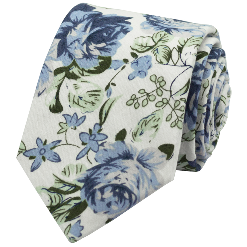Bílá pánská bavlněná kravata s modrými květy