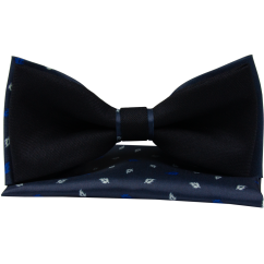 Tmavě modrý pánský motýlek s drobnými lístečky včetně kapesníčku