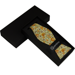Light Beige Cotton Self-Tie Bow Tie with Yellow-Orange Flowers