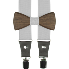 Světle šedé pánské široké kšandy s dřevěným motýlkem