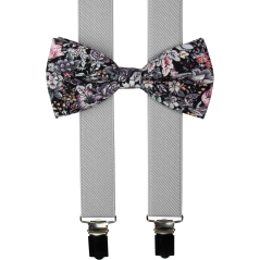 Světle šedé pánské kšandy s bavlněným květovaným motýlkem