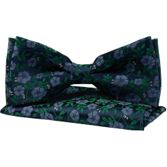 Dark Navy Men's Bow Tie with Delicate Floral Pattern Including Pocket Square