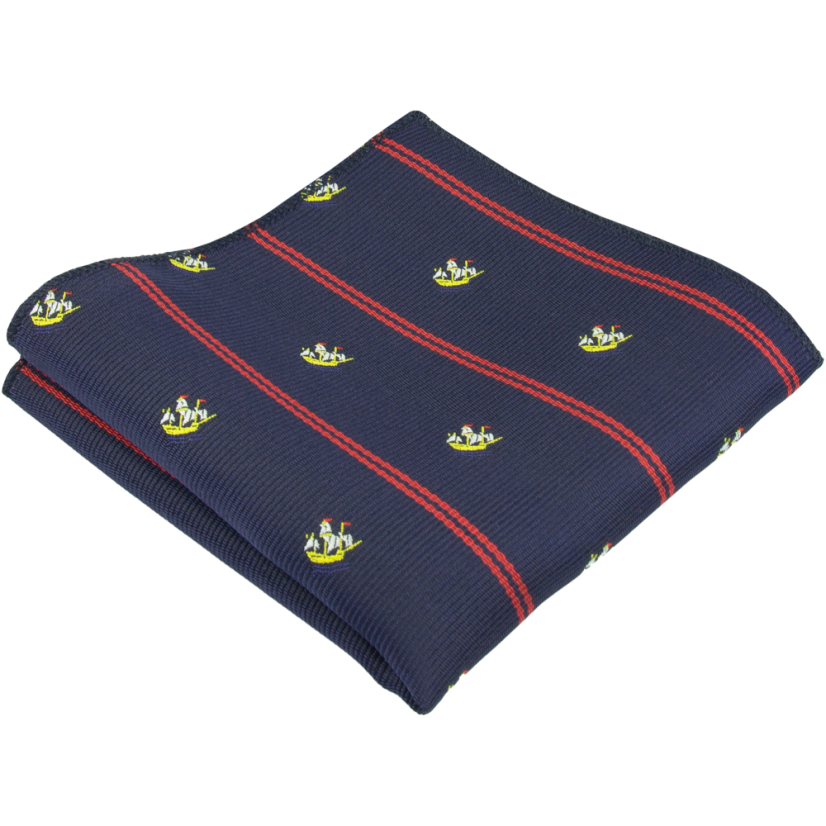 Tmavě modrý pánský kapesníček s motivem lodí a červenými pruhy
