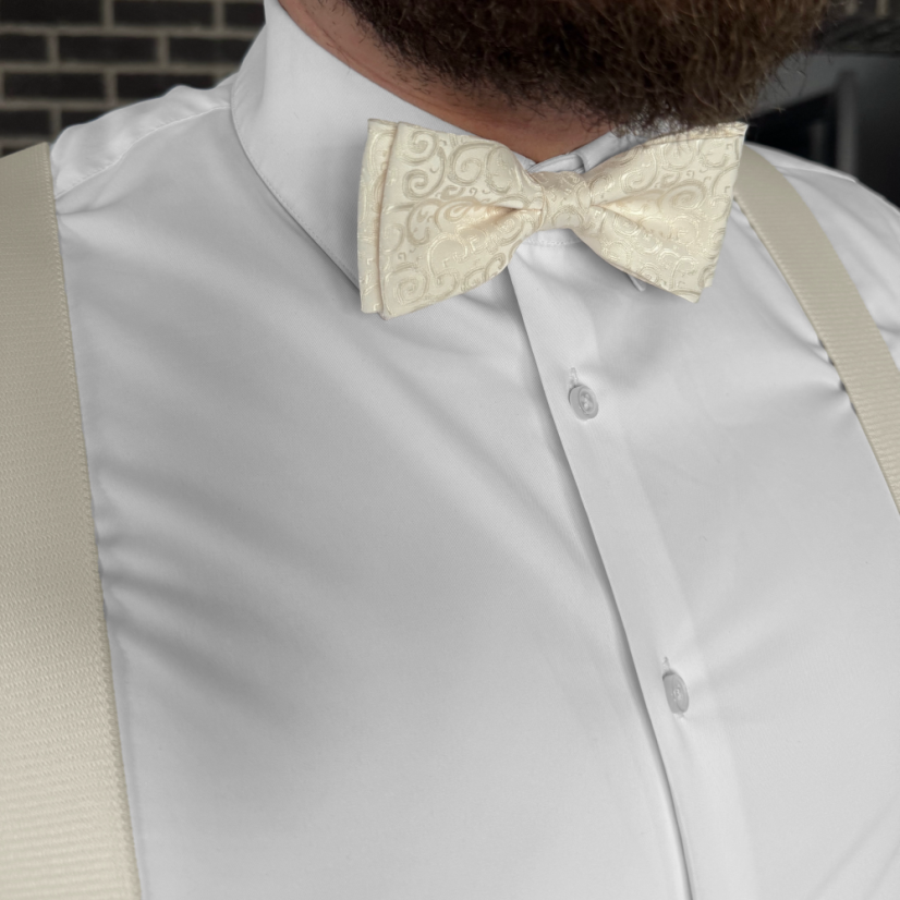 Cream (ecru) men's accessory set with ornamental pattern - suspenders, bow tie and pocket square