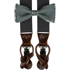 Tmavě šedý pánský set s ornamentálním vzorem – kšandy, motýlek a kapesníček