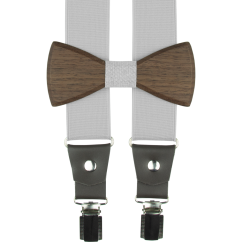 Světle šedé pánské široké kšandy s dřevěným motýlkem