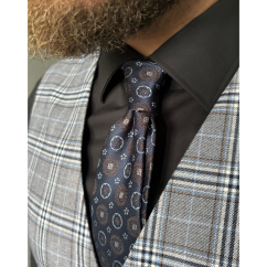 Dark Navy Men's Silk Necktie with Brown Pattern