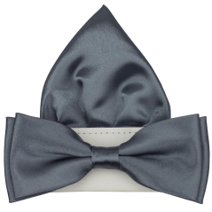 Grey Men's Glossy Bow Tie with Pocket Square